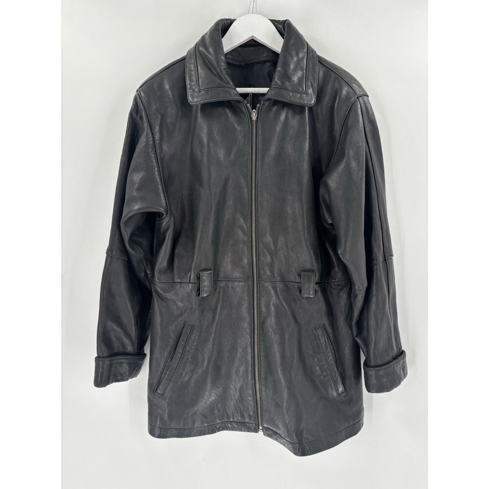 Vintage Tibor Leathers Coat Womens Medium Black Pockets Mid Length Full Zip